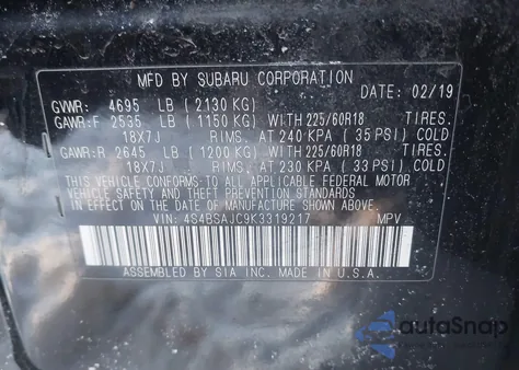 2019 Subaru Outback 2.5I Limited from USA, damaged, VIN 4S4BSAJC9K3319217